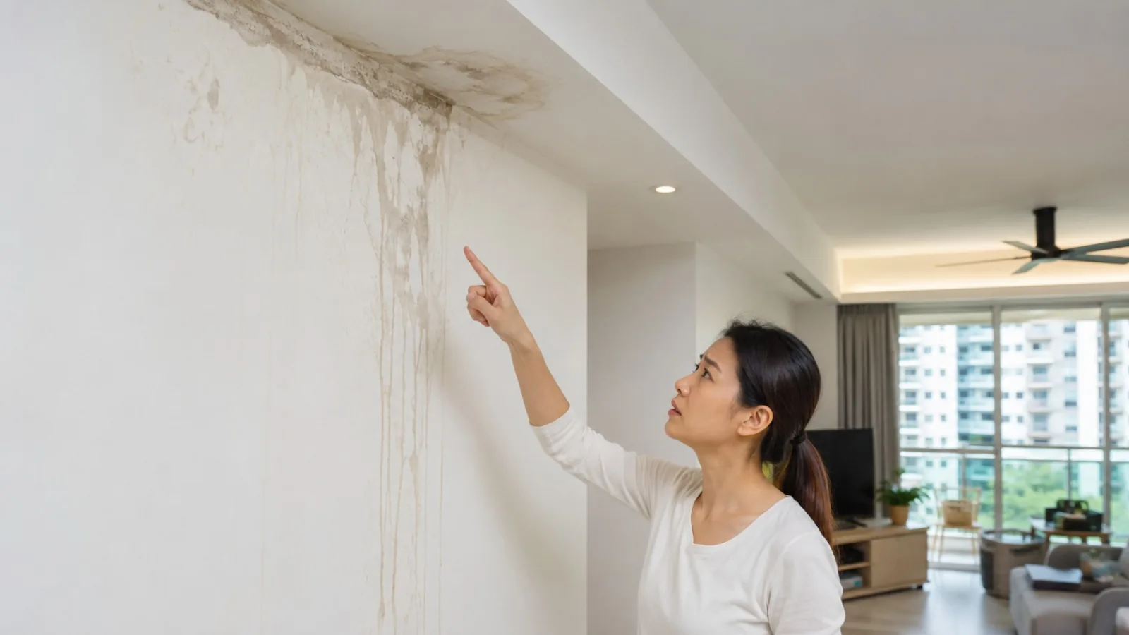 Woman pointing at water stains and damp patches spreading down an interior wall in a Singapore home